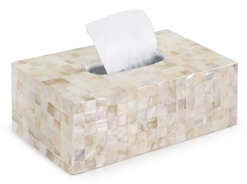 PEMAR Handmade Mother of Pearl Tissue Box – Elegant Rectangular Capiz Shell Cover, Decorative Napkin Holder for Living Room, Bathroom, or Office Décor (Max Inner Size 9.2"x5"x3.5", White Cream) - Image 1