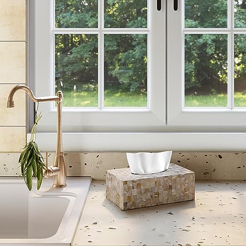 PEMAR Handmade Mother of Pearl Tissue Box – Elegant Rectangular Capiz Shell Cover, Decorative Napkin Holder for Living Room, Bathroom, or Office Décor (Max Inner Size 9.2"x5"x3.5", White Cream) - Image 5