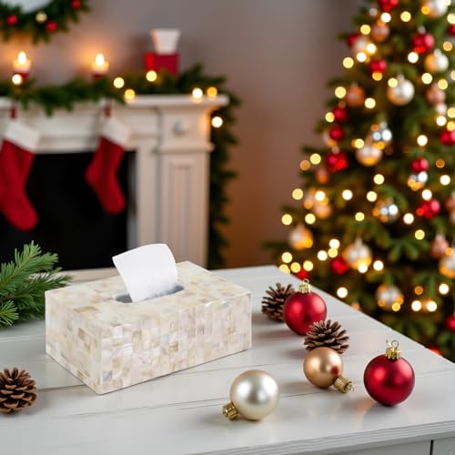 PEMAR Handmade Mother of Pearl Tissue Box – Elegant Rectangular Capiz Shell Cover, Decorative Napkin Holder for Living Room, Bathroom, or Office Décor (Max Inner Size 9.2"x5"x3.5", White Cream) - Image 2