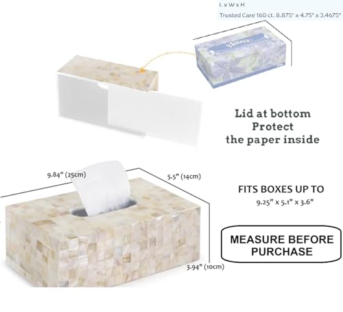 PEMAR Handmade Mother of Pearl Tissue Box – Elegant Rectangular Capiz Shell Cover, Decorative Napkin Holder for Living Room, Bathroom, or Office Décor (Max Inner Size 9.2"x5"x3.5", White Cream) - Image 3