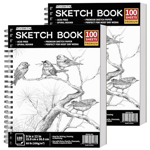 FIXSMITH 9"X12" Sketch Book | 200 Sheets (68 lb/100gsm) Sketchbook| 2 Pack (100 Sheets Each) |Acid Free Drawing Paper | Spiral Bound Sketchpad for Beginners,Artists & Professionals | Bright White - Image 1