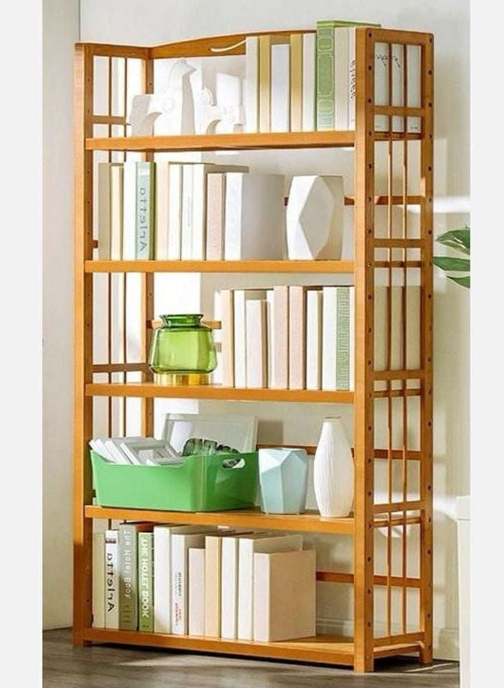 LINGWEI Rustic Bamboo Bookshelf Freestanding Wooden Bookcase & Storage Organizer Shelving Unit - Image 1