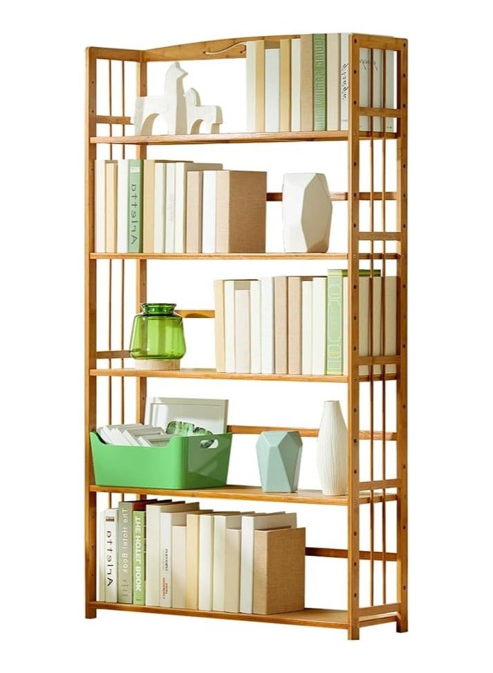 LINGWEI Rustic Bamboo Bookshelf Freestanding Wooden Bookcase & Storage Organizer Shelving Unit - Image 2