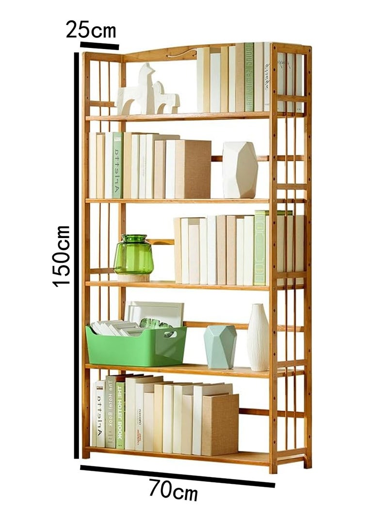 LINGWEI Rustic Bamboo Bookshelf Freestanding Wooden Bookcase & Storage Organizer Shelving Unit - Image 3