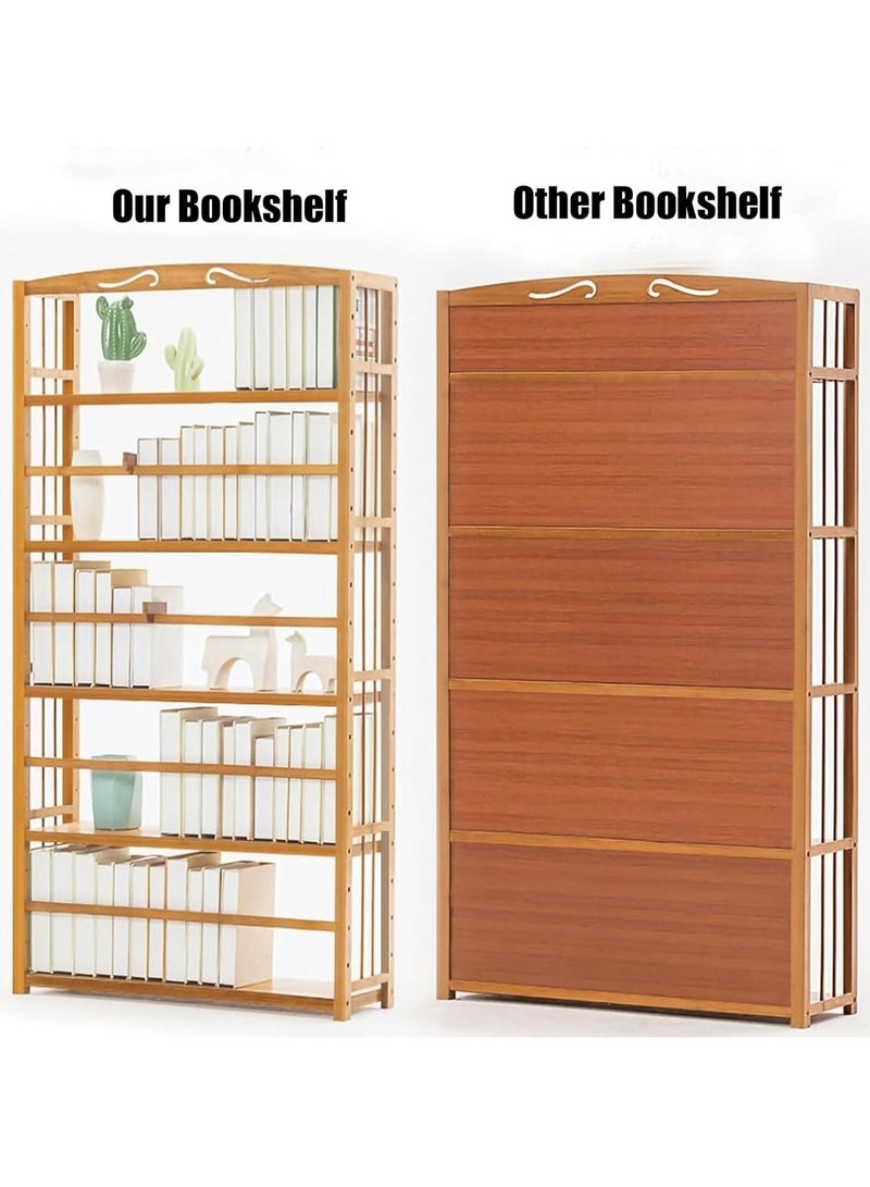 LINGWEI Rustic Bamboo Bookshelf Freestanding Wooden Bookcase & Storage Organizer Shelving Unit - Image 4