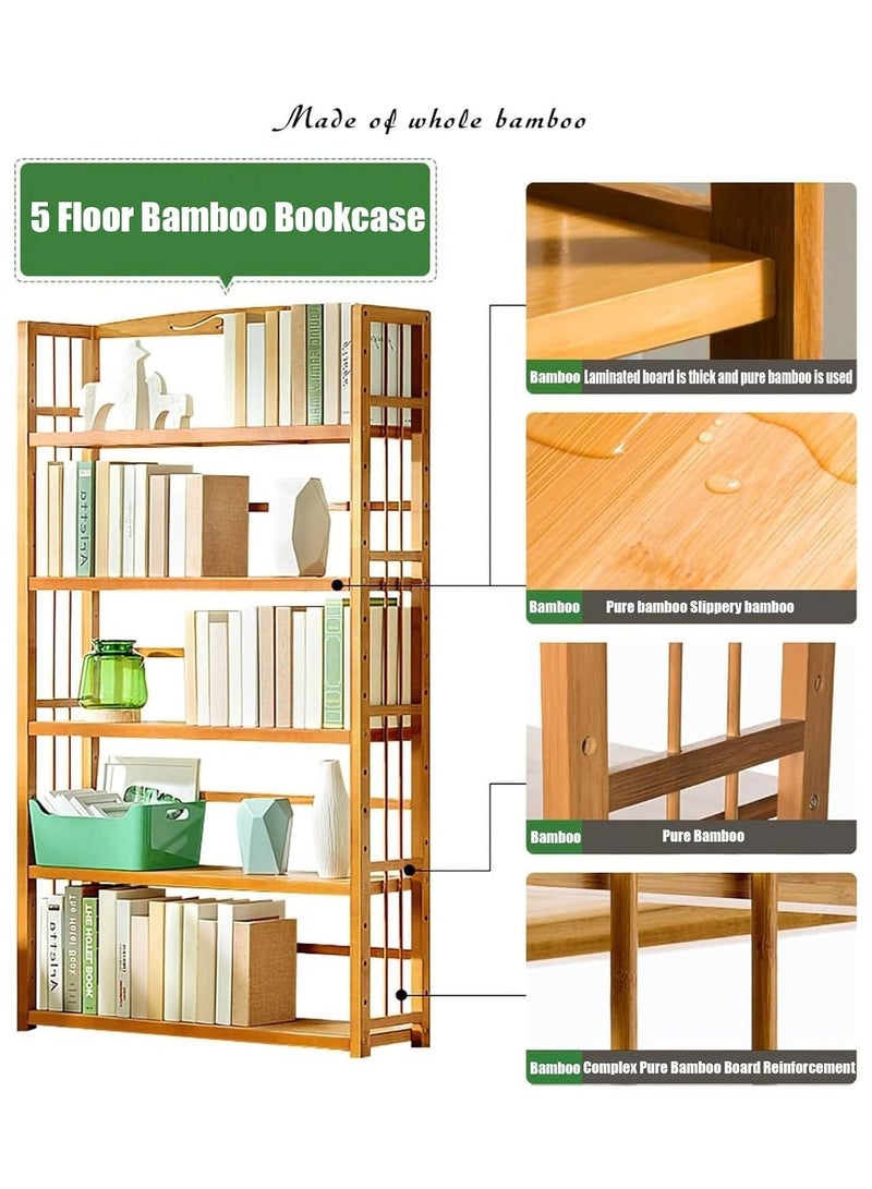 LINGWEI Rustic Bamboo Bookshelf Freestanding Wooden Bookcase & Storage Organizer Shelving Unit - Image 5