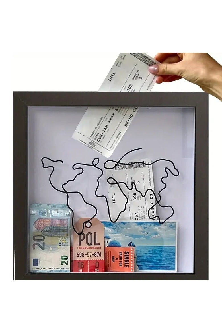 Travel Memory Shadow Box with World Map Design | Modern Square Keepsake Frame with Top Slot for Saving Tickets, Currency, Photos & Travel Memories | No Power Needed, Ideal for Home Decor & Gifts - Image 1