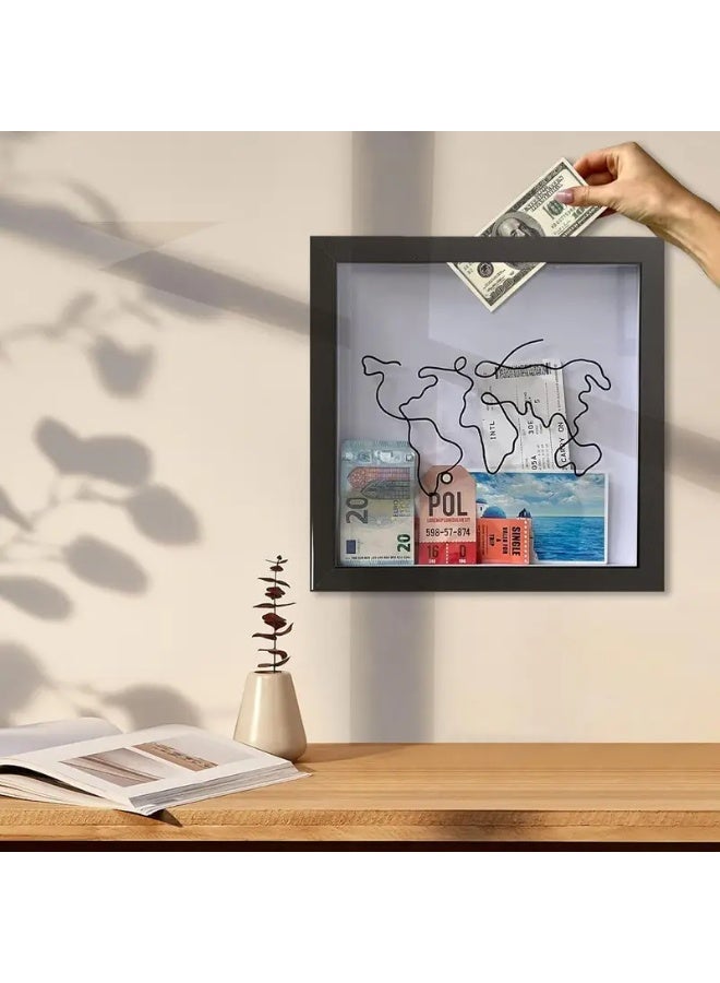 Travel Memory Shadow Box with World Map Design | Modern Square Keepsake Frame with Top Slot for Saving Tickets, Currency, Photos & Travel Memories | No Power Needed, Ideal for Home Decor & Gifts - Image 3