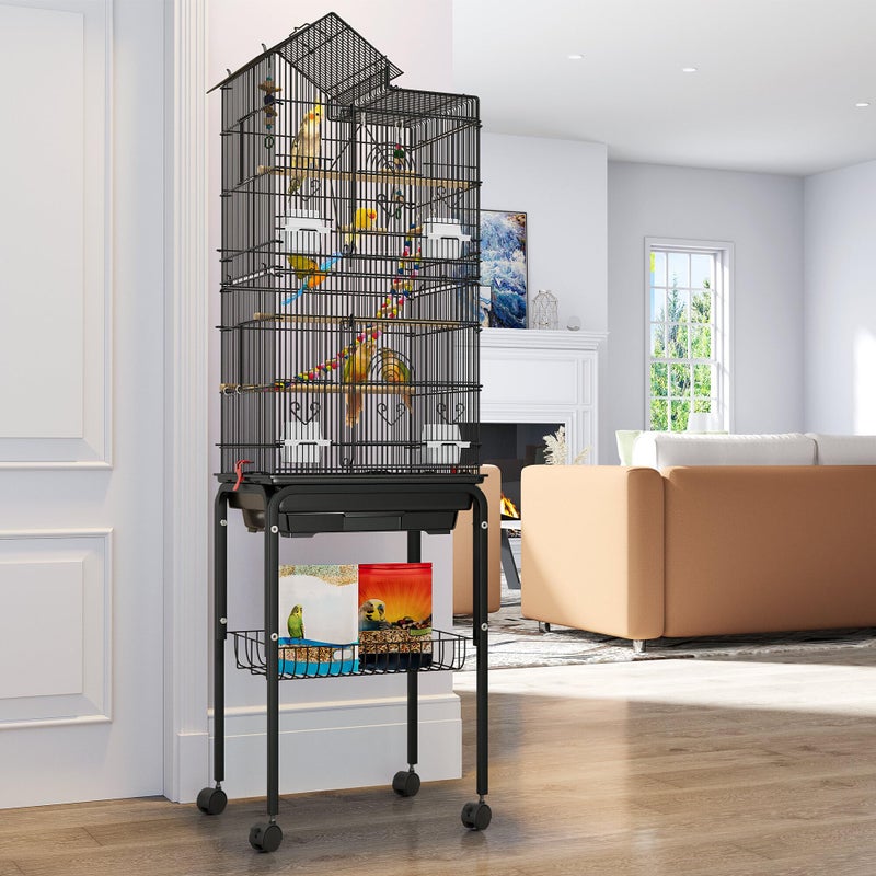YITAHOME قفص طيور معدني YITAHOME بطول 62 بوصة، قفص كبير للببغاء، الكوكاتيل، طائر الحب، الحمام مع سقف علوي، قاعدة متحركة وإكسسوارات معلقة - Image 1