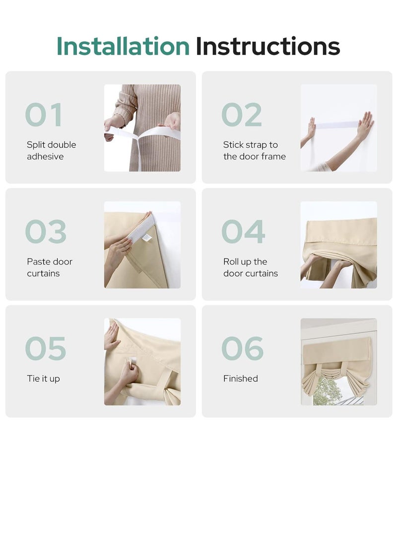 Light-blocking Door Curtain, Non-Punching Self-Adhesive Velcro Curtains, French Door Privacy Curtains, Stylish Thermal Insulated Tie-Up Shades for Bedroom (Beige 30" W*40" L) - Image 2