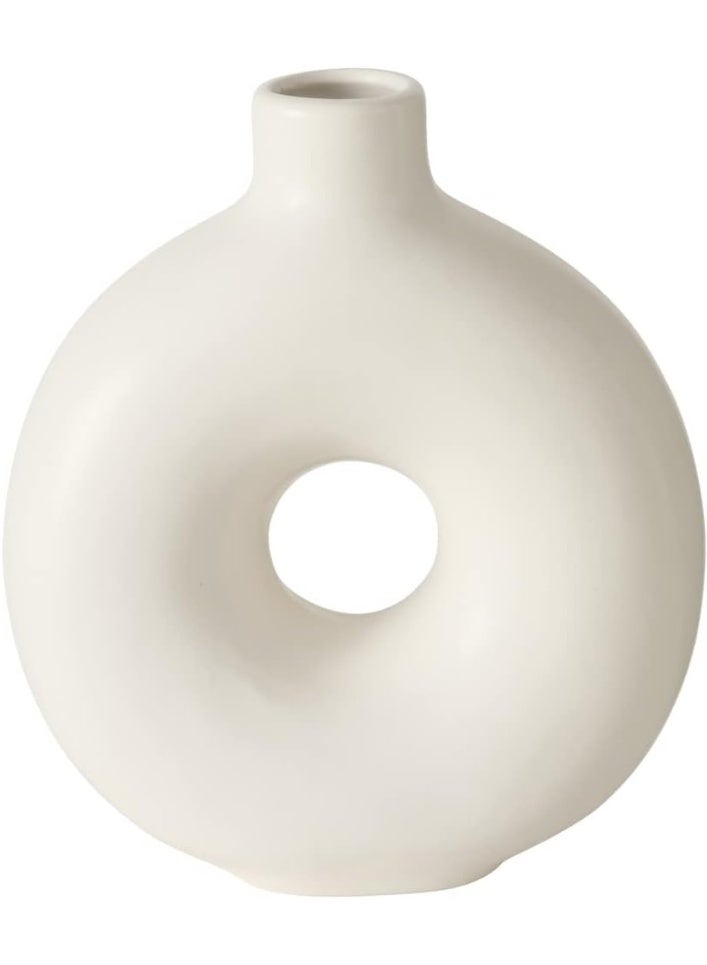 ديكور هيلز مزهرية زهور خزفية بيضاء، مزهرية دائرية الشكل للزهور والديكورات، عصرية وأنيقة وبسيطة، مناسبة لديكور المنزل وغرفة المعيشة والمكتب - قطعة مركزية مزخرفة لعشب البامباس والزهور المجففة - Image 1