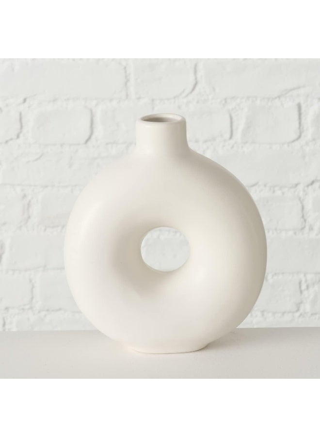 ديكور هيلز مزهرية زهور خزفية بيضاء، مزهرية دائرية الشكل للزهور والديكورات، عصرية وأنيقة وبسيطة، مناسبة لديكور المنزل وغرفة المعيشة والمكتب - قطعة مركزية مزخرفة لعشب البامباس والزهور المجففة - Image 4