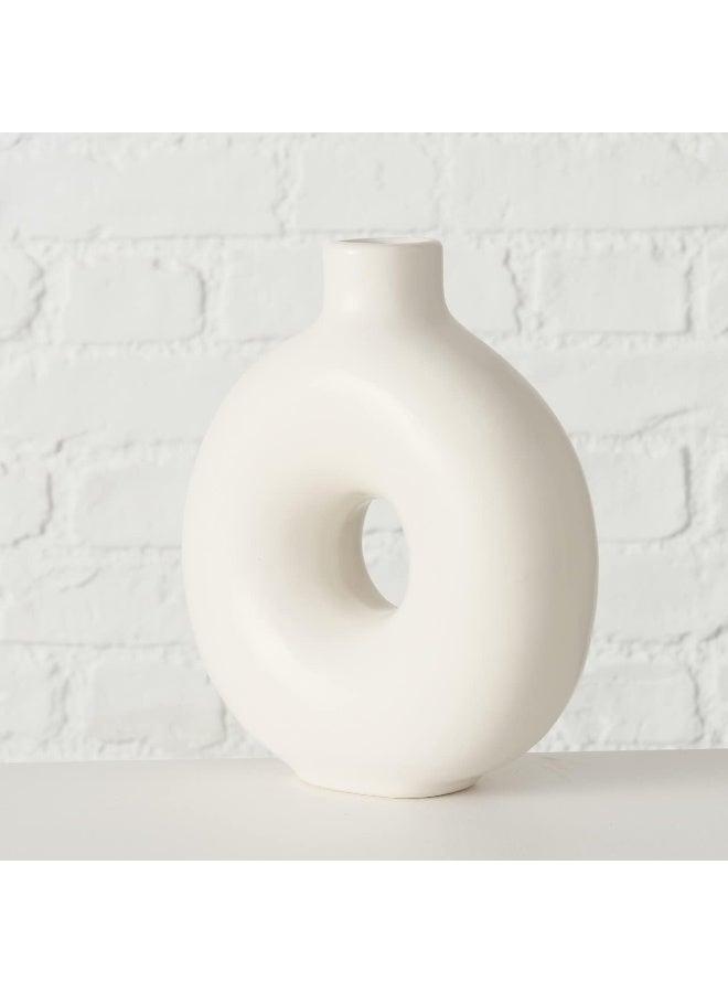 ديكور هيلز مزهرية زهور خزفية بيضاء، مزهرية دائرية الشكل للزهور والديكورات، عصرية وأنيقة وبسيطة، مناسبة لديكور المنزل وغرفة المعيشة والمكتب - قطعة مركزية مزخرفة لعشب البامباس والزهور المجففة - Image 3