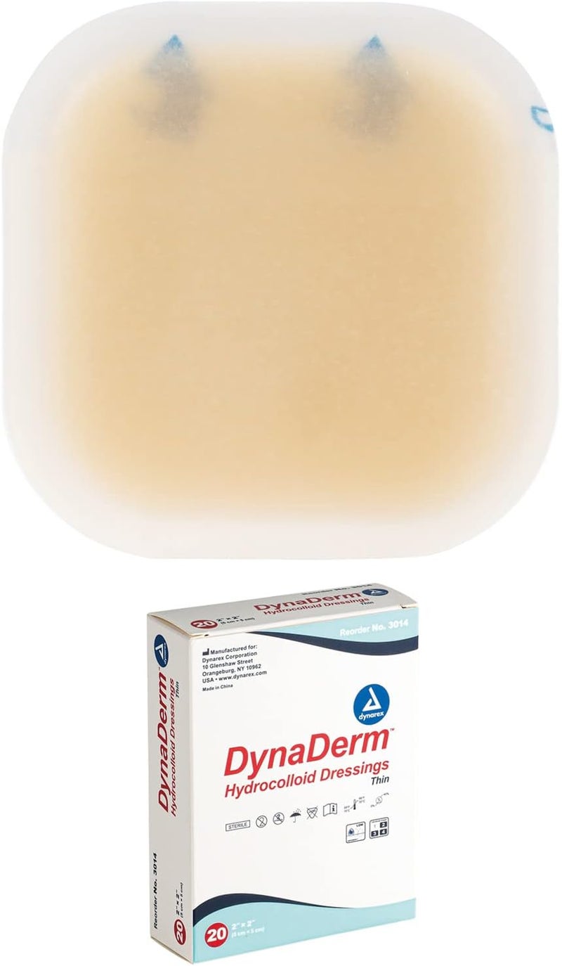 Dynarex ضمادات ديناديرم الهيدروكولودية المعقمة الرطبة المستخدمة لجميع أنواع الجروح 2 × 2 رقيقة وخالية من اللاتكس عبوة من 20 - Image 1