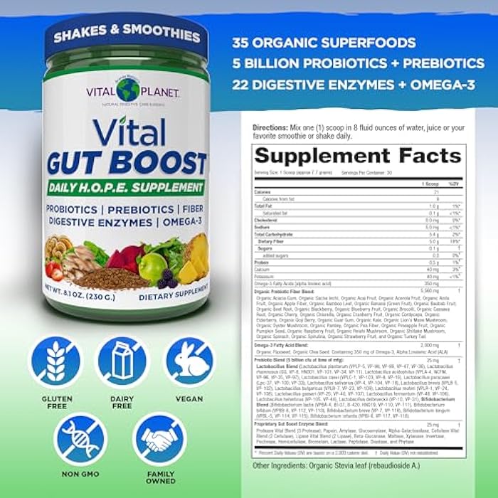 Vital Planet - Vital Gut Boost Powder by Brenda Watson, PBS Gut Check Hope Supplement with Fiber 35, Omega 3 Oil, Probiotics, and Digestive Enzymes, 8.1oz, 230 Grams, 30 Servings - Image 2