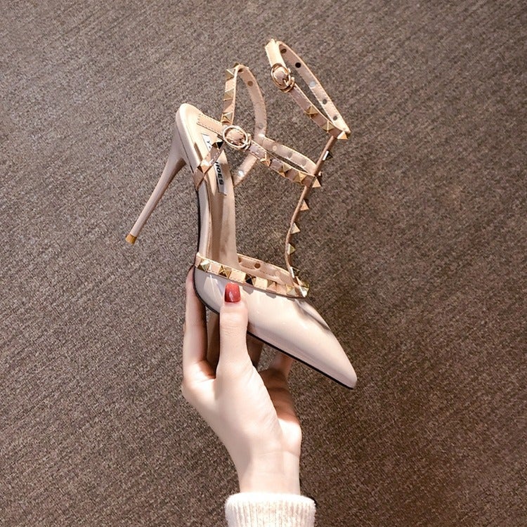 Pointed Toe Low-Cut High Heel Shoes For Women 2023 New French Style Stiletto Heel Rivet Fashion Single-Layer Shoes Closed Toe Nude Sandals - Image 5