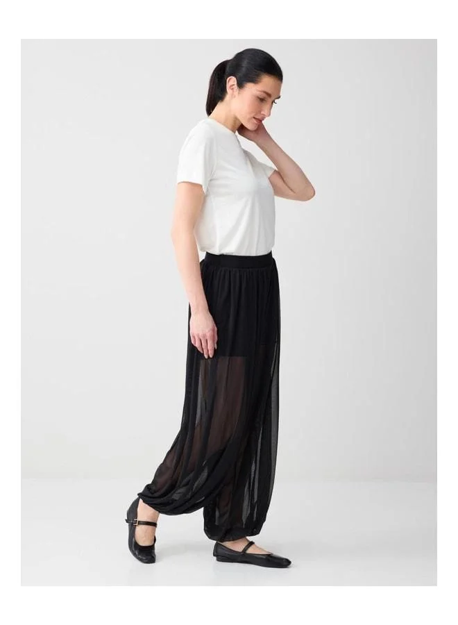 Jimmy Key Black Comfortable Cut Regular Waist Elastic Cuff Mesh Pants.