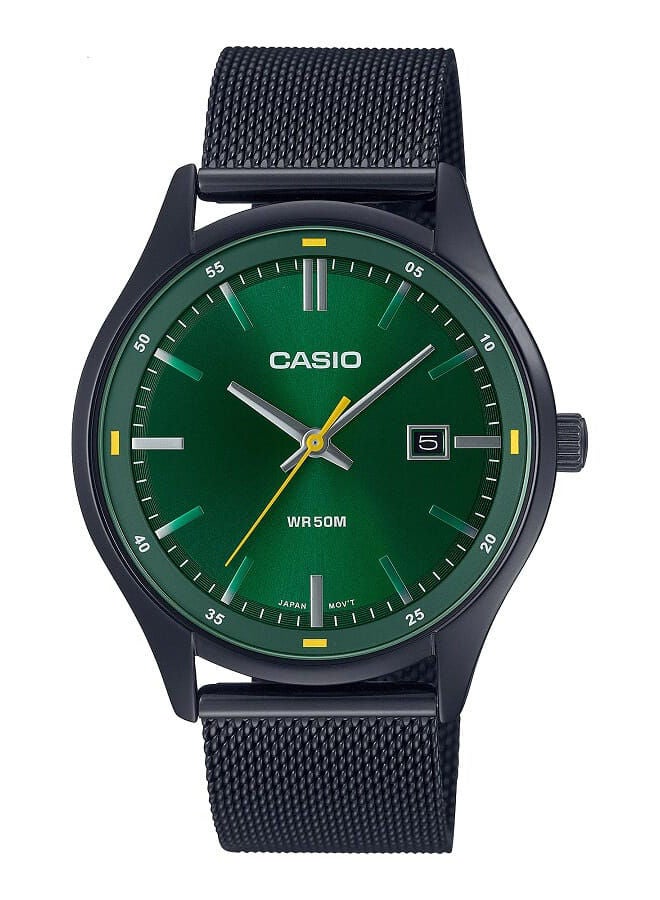 CASIO ساعة رجالية انالوج، عرض التاريخ، مينا اخضر، سوار شبكي من الاستانلس ستيل، هيكل مطلي بالايونات السوداء MTP-E710MB-3AVDF - Image 1