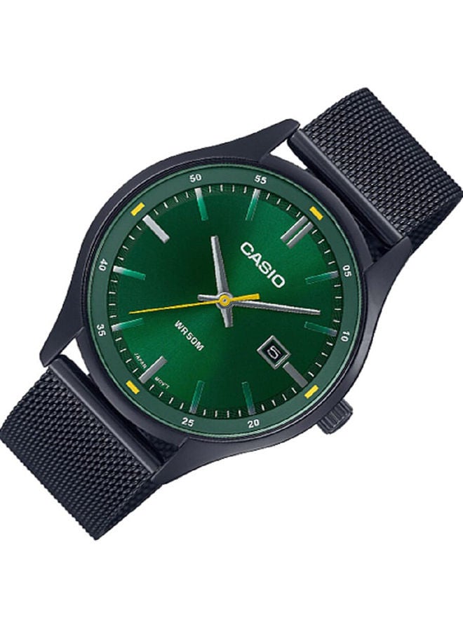 CASIO ساعة رجالية انالوج، عرض التاريخ، مينا اخضر، سوار شبكي من الاستانلس ستيل، هيكل مطلي بالايونات السوداء MTP-E710MB-3AVDF - Image 2
