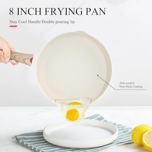 Dravizon Nonstick Frying Pan - Granite Induction Pans for Cooking Omelette Non-Stick Cookware Set, Healthy Kitchen Skillet Non-Sticking Stone Pot and Pan Set (8") White - Image 2