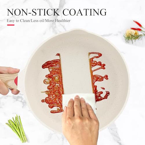 Dravizon Nonstick Frying Pan - Granite Induction Pans for Cooking Omelette Non-Stick Cookware Set, Healthy Kitchen Skillet Non-Sticking Stone Pot and Pan Set (8") White - Image 5