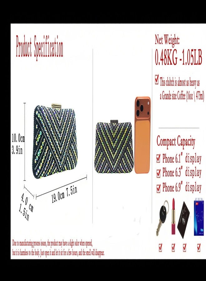Boutique De FGG حقيبة يد صغيرة مرصعة بأحجار الراين من بوتيك دي إف جي جي، بتصميم V مخطط، مناسبة للنساء، حقائب سهرة لامعة، حقائب يد كريستالية، حقائب زفاف، صغيرة، فضية اللون. - Image 4