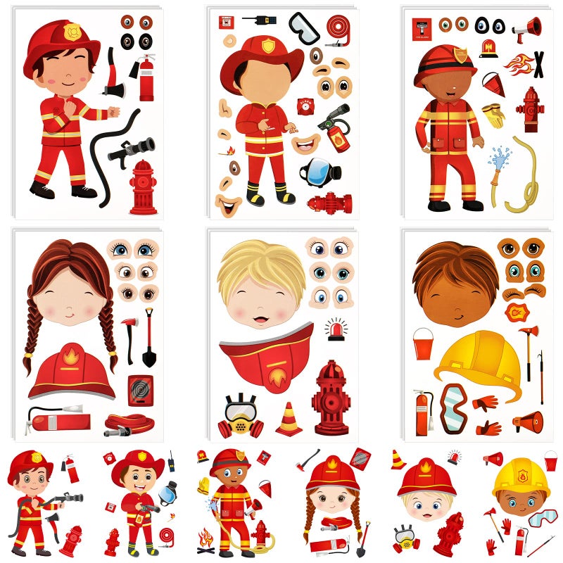 48 Sheets Firefighter Sticker for Kids Make a Face Fireman Stickers Fireman Themed Party Favor Supplies School Fire Education Reward DIY Craft with 8 Designs