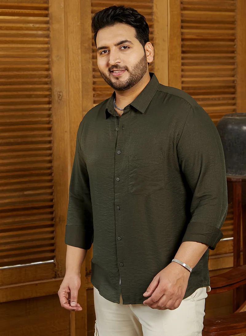 Instafab Plus Instafab Plus Men's Olive Green Breezy Wrinked Relaxed Shirt For Casual Wear | Spread Collar | Long Cuffed Sleeves | Button Closure | Plus Size Shirt Crafted With Comfort Fit For Everyday Wear