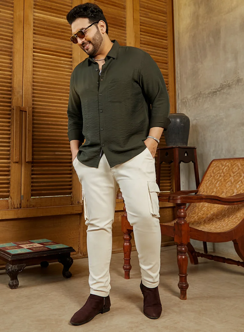 Instafab Plus Instafab Plus Men's Olive Green Breezy Wrinked Relaxed Shirt For Casual Wear | Spread Collar | Long Cuffed Sleeves | Button Closure | Plus Size Shirt Crafted With Comfort Fit For Everyday Wear