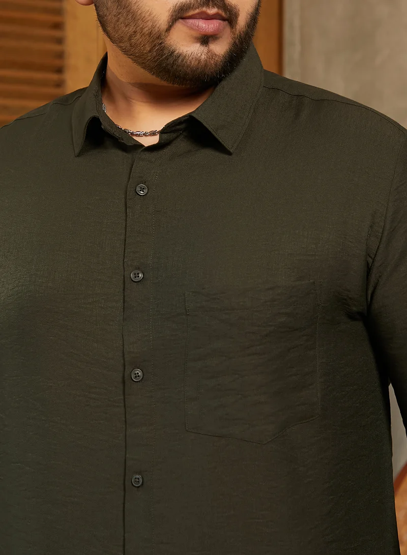 Instafab Plus Instafab Plus Men's Olive Green Breezy Wrinked Relaxed Shirt For Casual Wear | Spread Collar | Long Cuffed Sleeves | Button Closure | Plus Size Shirt Crafted With Comfort Fit For Everyday Wear