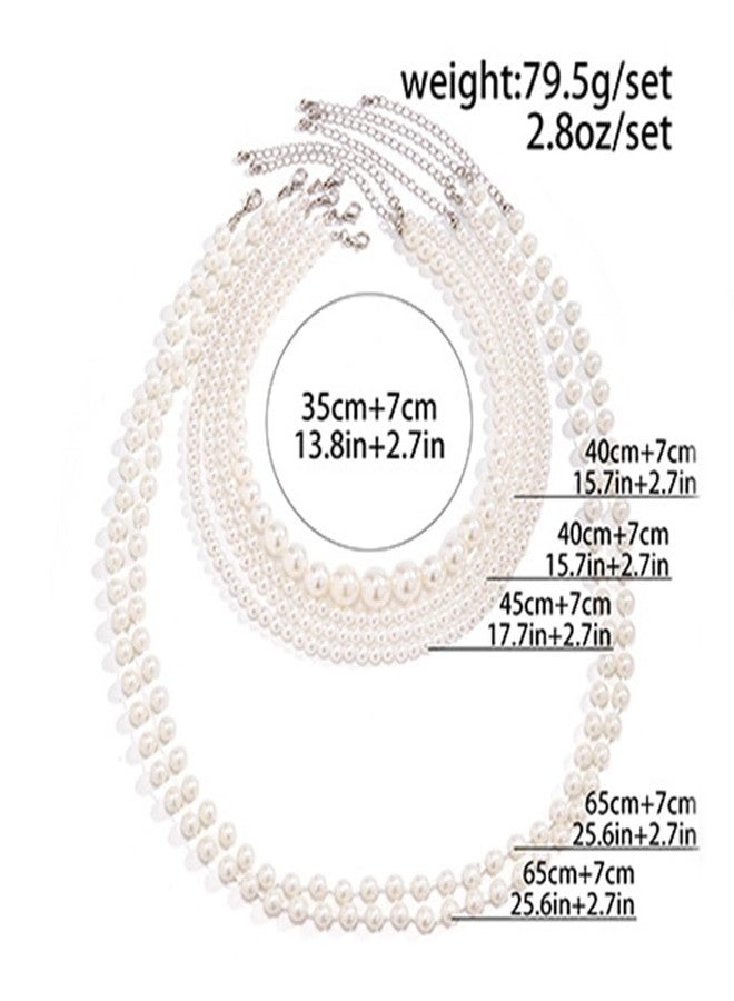 Jumwrit Boho 6pcs Layered Pearl Choker Necklace Dainty Chunky Chain Multi Strand Big Round Pearl Beaded Necklace Vintage Party Long Necklace Statement 1920s Flapper Accessories for Women - Image 5