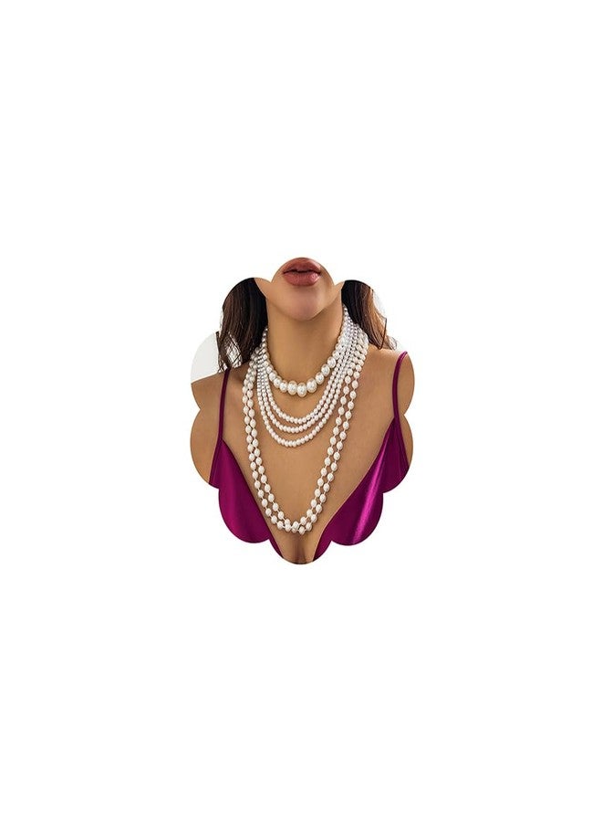 Jumwrit Boho 6pcs Layered Pearl Choker Necklace Dainty Chunky Chain Multi Strand Big Round Pearl Beaded Necklace Vintage Party Long Necklace Statement 1920s Flapper Accessories for Women - Image 1