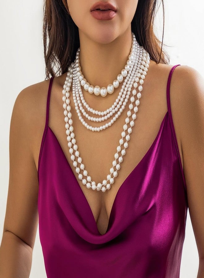 Jumwrit Boho 6pcs Layered Pearl Choker Necklace Dainty Chunky Chain Multi Strand Big Round Pearl Beaded Necklace Vintage Party Long Necklace Statement 1920s Flapper Accessories for Women - Image 3