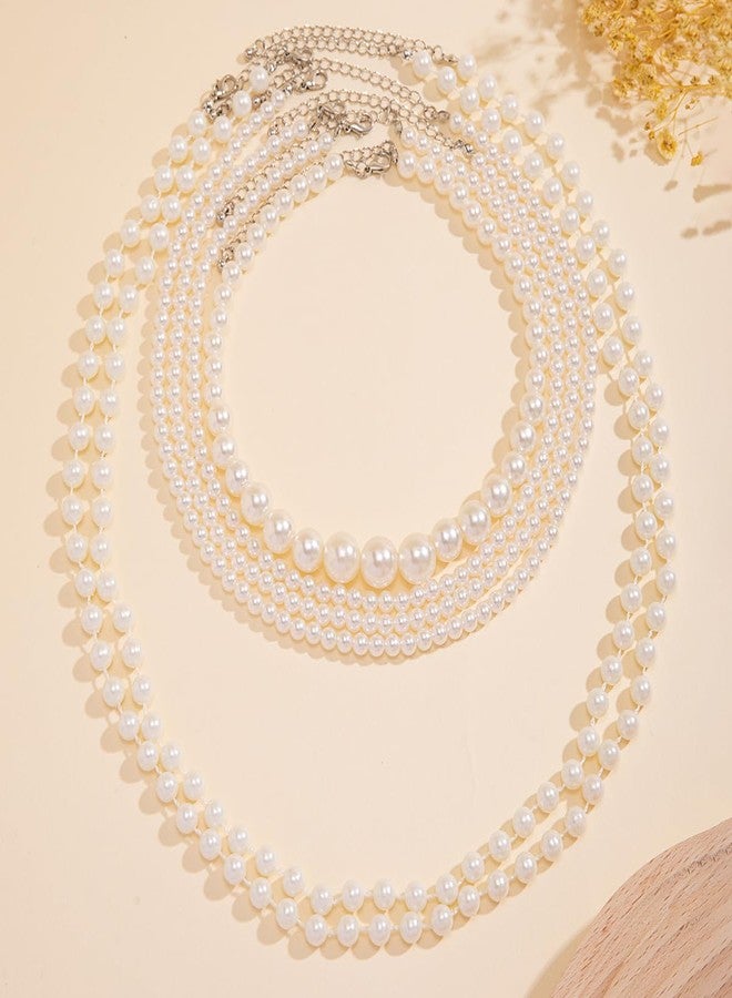 Jumwrit Boho 6pcs Layered Pearl Choker Necklace Dainty Chunky Chain Multi Strand Big Round Pearl Beaded Necklace Vintage Party Long Necklace Statement 1920s Flapper Accessories for Women - Image 4