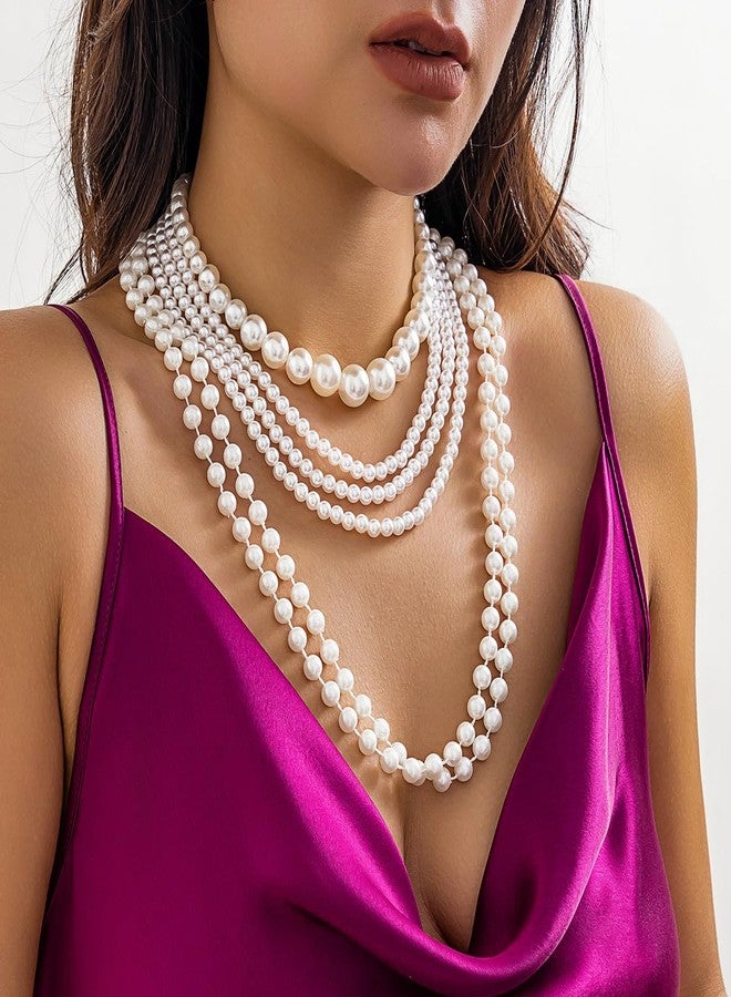 Jumwrit Boho 6pcs Layered Pearl Choker Necklace Dainty Chunky Chain Multi Strand Big Round Pearl Beaded Necklace Vintage Party Long Necklace Statement 1920s Flapper Accessories for Women - Image 2