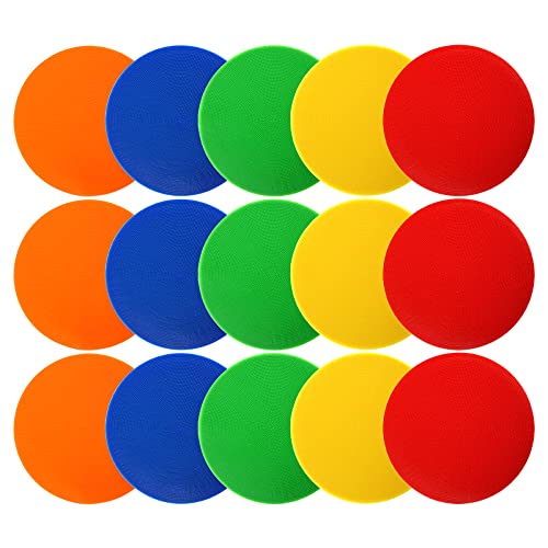 Okllen 15 Pack Poly Vinyl Spot Markers, 9 Inch Floor Dots Non-Slip Rubber Agility Dots, Flat Field Cones Circles for Training, Exercise Drills, Gym, Football, Basketball, 5 Colors - Image 1