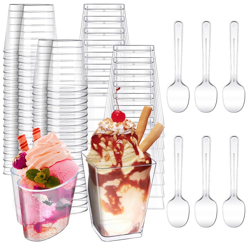 Funtery 300 Pack Mini Dessert Cups with Spoons Bulk Clear Plastic Slanted Round Parfait Appetizer Cup for Desserts Shooters5ozSquare Heart