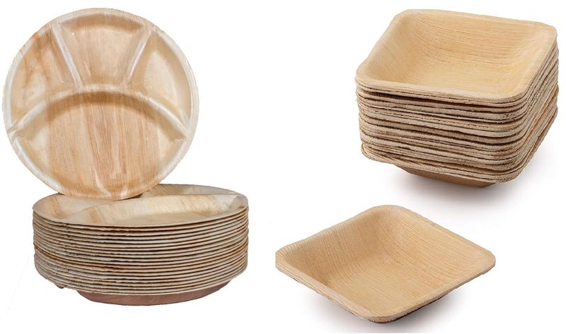 BRUSHFINCH Areca Plates with 4 Compartment Disposable Plates Bowl for Party Event Plates EcoFriendly Biodegradable Like Bamboo Plates Use and Throw Plates50 Plate100 Bowl - Image 1