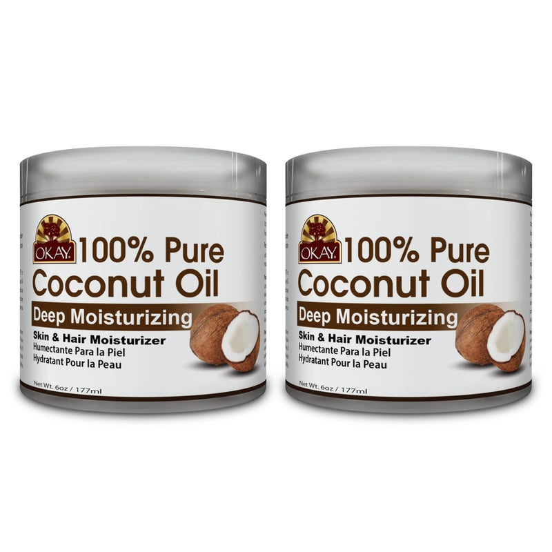 Okay 100% Pure Coconut Oil for Hair & Skin - Coconut Oil for Women & Men, Perfect for Body & Face, Natural Massage Oil & Moisturizer - 6 Fl Oz Jar (Pack of 2) - Image 1