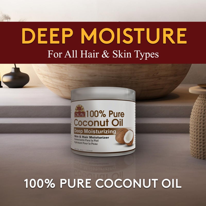 Okay 100% Pure Coconut Oil for Hair & Skin - Coconut Oil for Women & Men, Perfect for Body & Face, Natural Massage Oil & Moisturizer - 6 Fl Oz Jar (Pack of 2) - Image 2