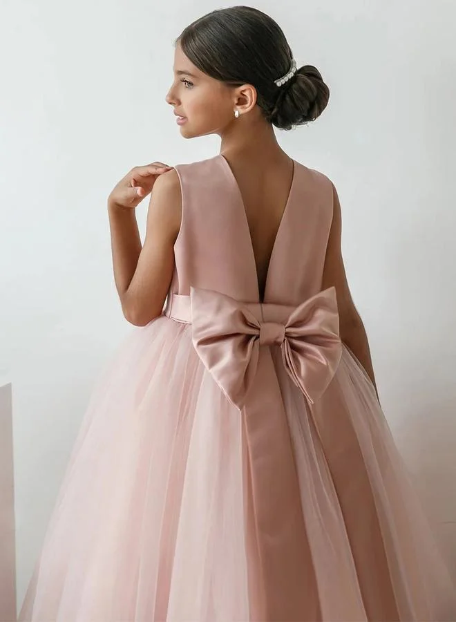 Take Two Take Two Pink Bow Detail Deep V Back Mesh Party Dress