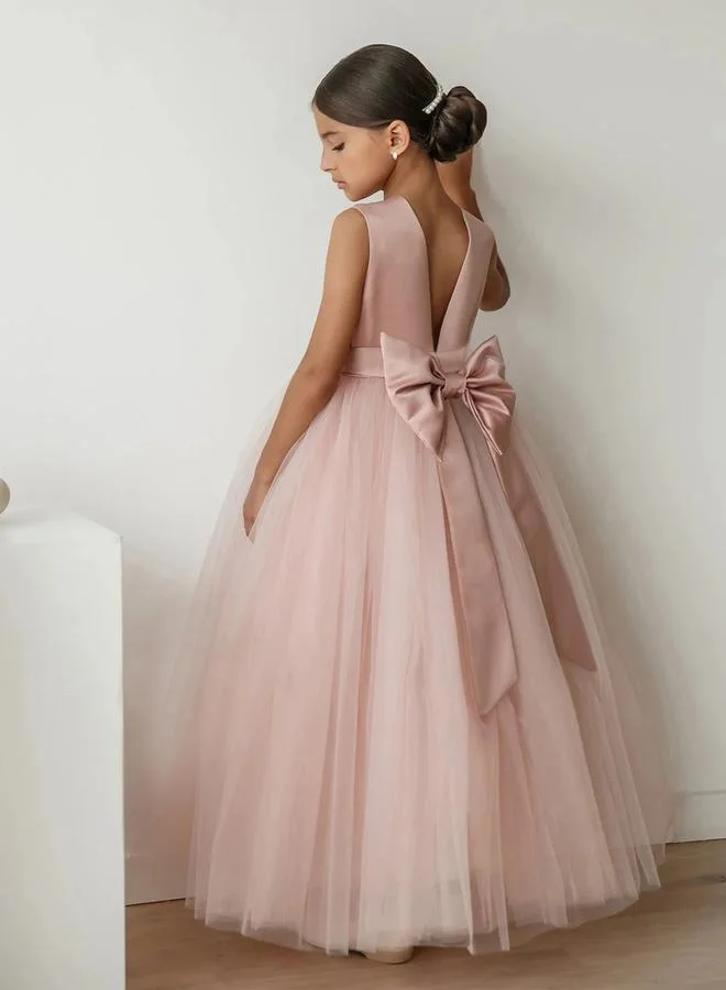 Take Two Take Two Pink Bow Detail Deep V Back Mesh Party Dress