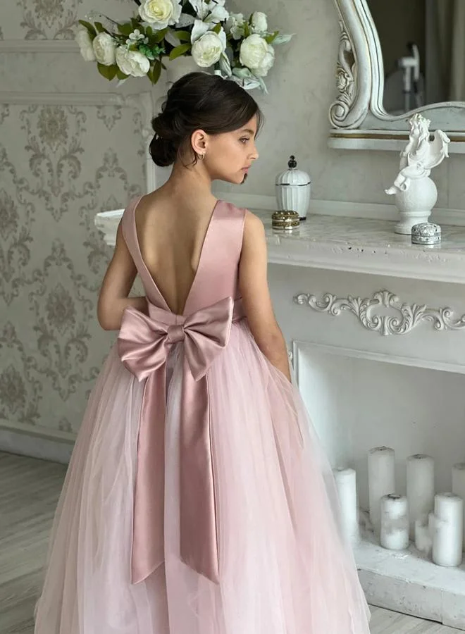 Take Two Take Two Pink Bow Detail Deep V Back Mesh Party Dress