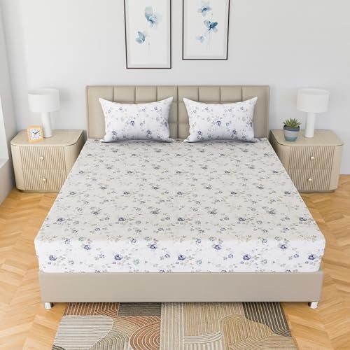 LINENWALAS 100% Cotton Fitted Bed Sheet for Double Size Bed, Printed All Around Elastic Bedsheet (72 x 72 Inches) with 2 Pillow Covers | 210 TC Soft, Breathable, Luxury Bedsheet (Blue Sapphire), Twin - Image 3