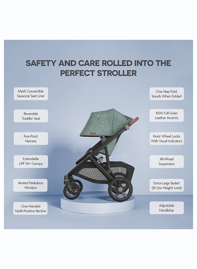 UPPAbaby Vista V3 Stroller Gwen Green Mélange Carbon Frame Saddle Leather - Image 3