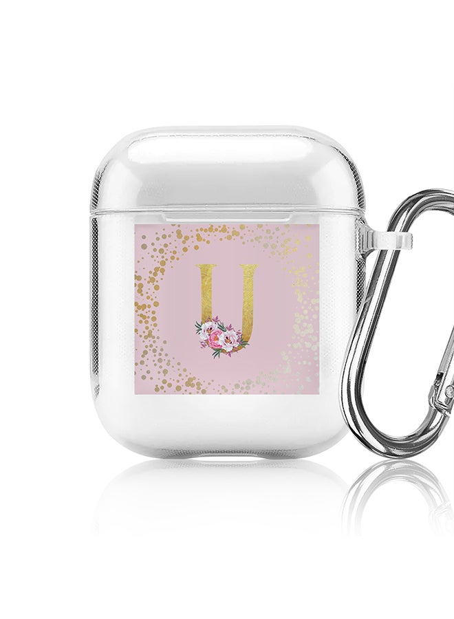 Stylizedd Classic Clear printed Case for Apple Airpods 2 / 1 Soft TPU Gel Thin Transparent Flexible Cover - Custom Monogram Initial Letter Floral Pattern Alphabet - U (Pink ) - Image 1