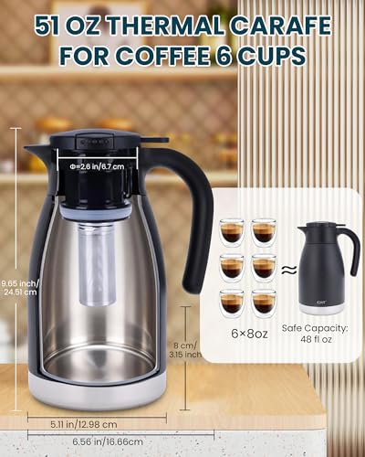 GiNT 51oz Thermal Coffee Carafe with Infuser – Insulated Tea Carafe, Removable Filter, Dishwasher-Safe | 1.5L 6–7 Cups, Wide Mouth, Leak-Proof Seal | Stainless Steel Beverage Server for Home & Office - Image 5