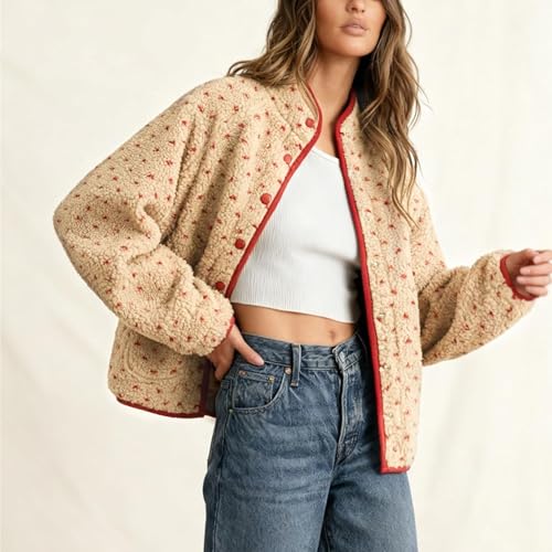 SeeLuNa Slouchy Fleece Jacket Women Long Sleeve Button Down High Neck Polka Dot Puffer Jackets Sherpa Overcoat with Pockets(Red,S) - Image 3