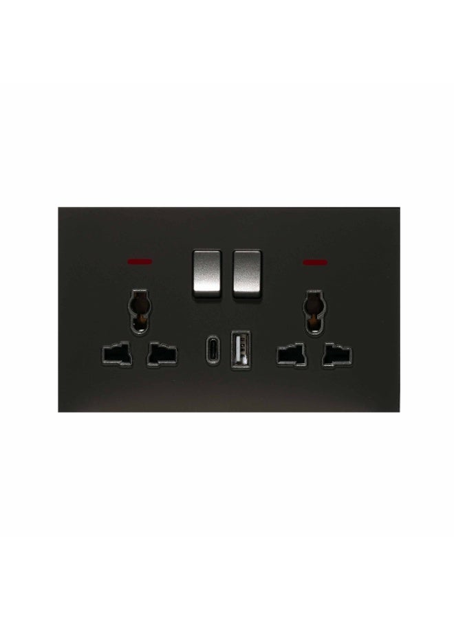 Donmarco 2 Gang Double MF Socket 13A - USB + Type-C (5V 3.1A) – Ultra Thin Glass , Fire-Resistant Electric Outlet , 3-Year Warranty , Multi-Function with Fast Charging (Matt Black) Power Outlet  - Image 1