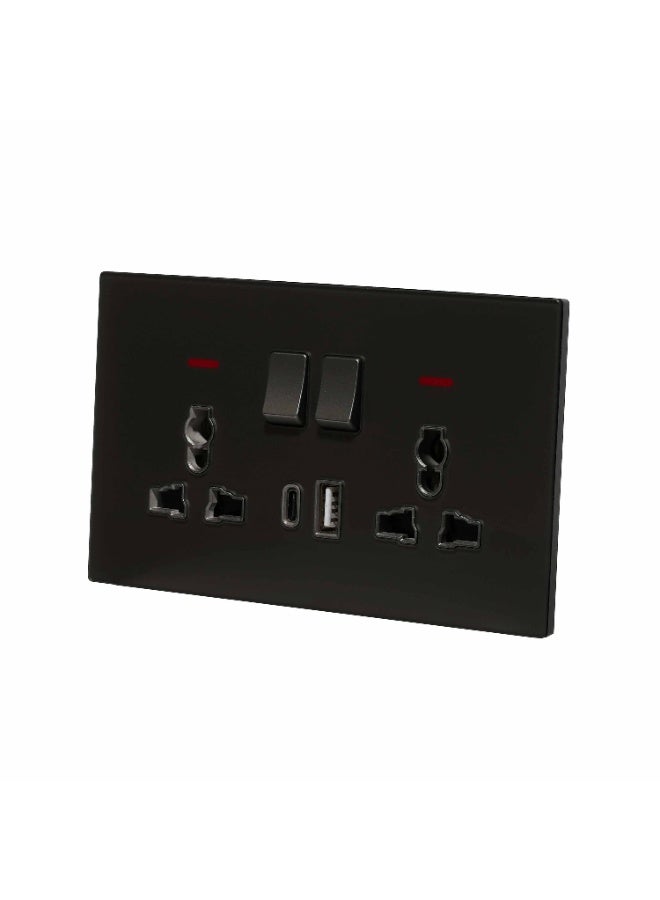 Donmarco 2 Gang Double MF Socket 13A - USB + Type-C (5V 3.1A) – Ultra Thin Glass , Fire-Resistant Electric Outlet , 3-Year Warranty , Multi-Function with Fast Charging (Matt Black) Power Outlet  - Image 2